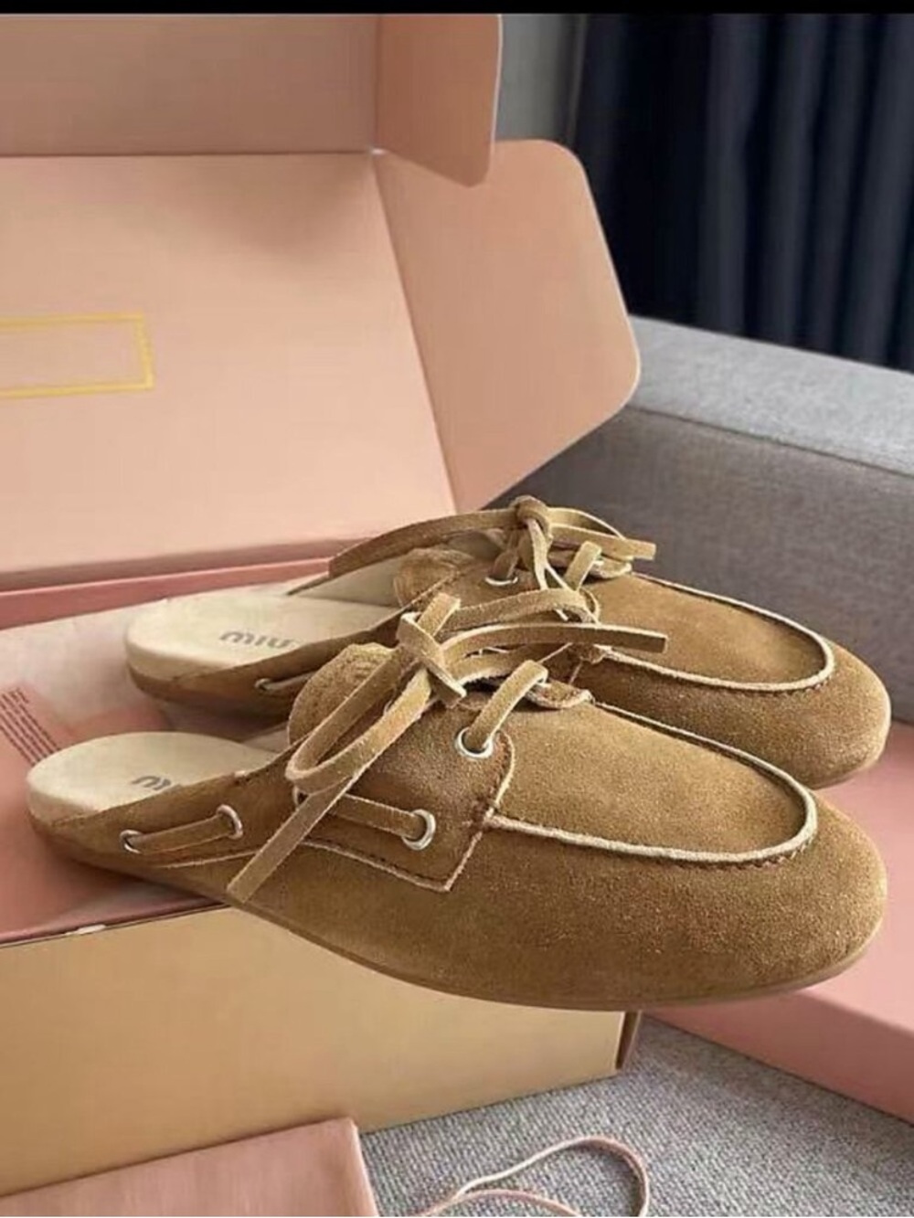 Miu Miu Tan Suede Lace-Up Backless Mules